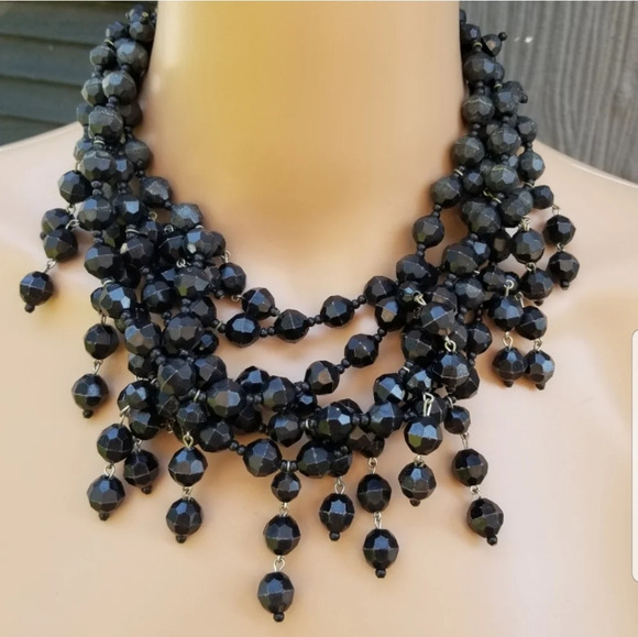VINTAGE GOTHIC BLACK FACETED POLYMER BEAD LAYERED NECKLACE - Picture 1 of 6